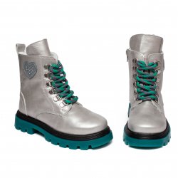 Ghete blana copii - Bocanci fete din piele cu blana pj shoes King argintiu turcoaz 27-36