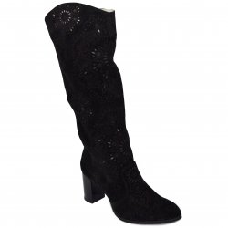 Cizme de vara perforate  - Cizme dama de vara cu toc perforate laser piele 544 negru velur 34-41