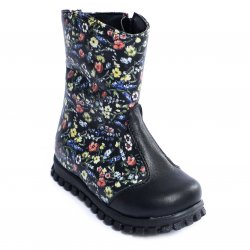 Cizme copii - Cizme fete din piele cu blana 517 negru floricele 20-25