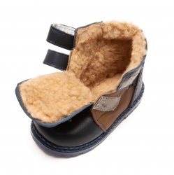Ghete blana copii  - Ghete baieti flexibile din piele cu blana naturala 810 blu maro 18-27
