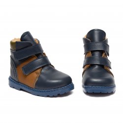 Ghete blana copii  - Ghete baieti flexibile din piele cu blana naturala 810 blu maro 18-27