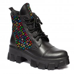 Ghete blana copii  - Ghete fete din piele cu blana 56302 negru patratele 34-41