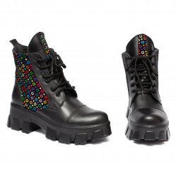 Ghete blana copii  - Ghete fete din piele cu blana 56302 negru patratele 34-41