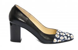 Pantofi dama cu toc - Pantofi dama cu toc gros hape 544 negru flori 34-40