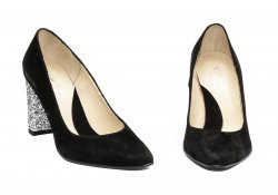 Pantofi dama cu toc  - Pantofi dama cu toc imbracat hape velur 720 negru gliter 34-40