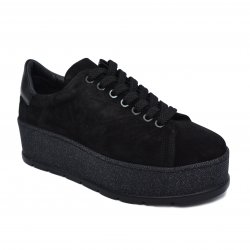 Pantofi copii - Sneakers fete cu talpa inalta piele 2034 negru velur 35-40